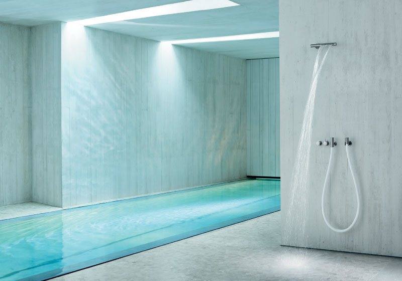 COMBI-32: Waterfall shower, Kneipp hose and built-in stop valves, in brushed stainless steel